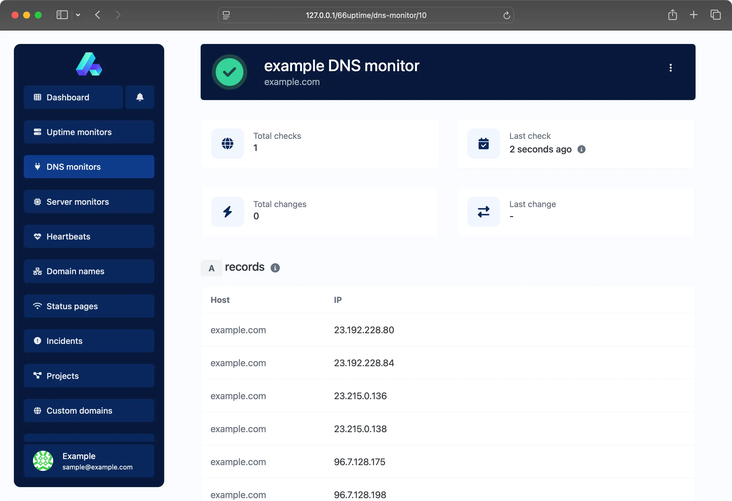 Captura de pantalla de la página del monitor DNS de la aplicación