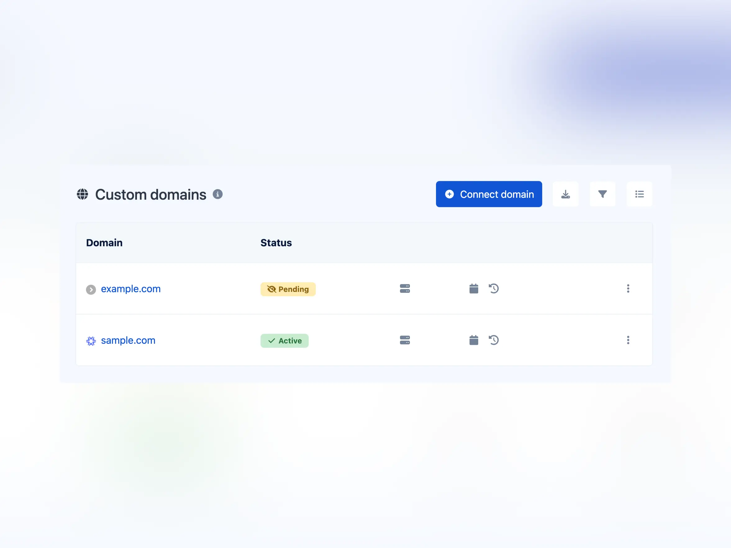 Captura de pantalla de la página de dominios personalizados de la aplicación