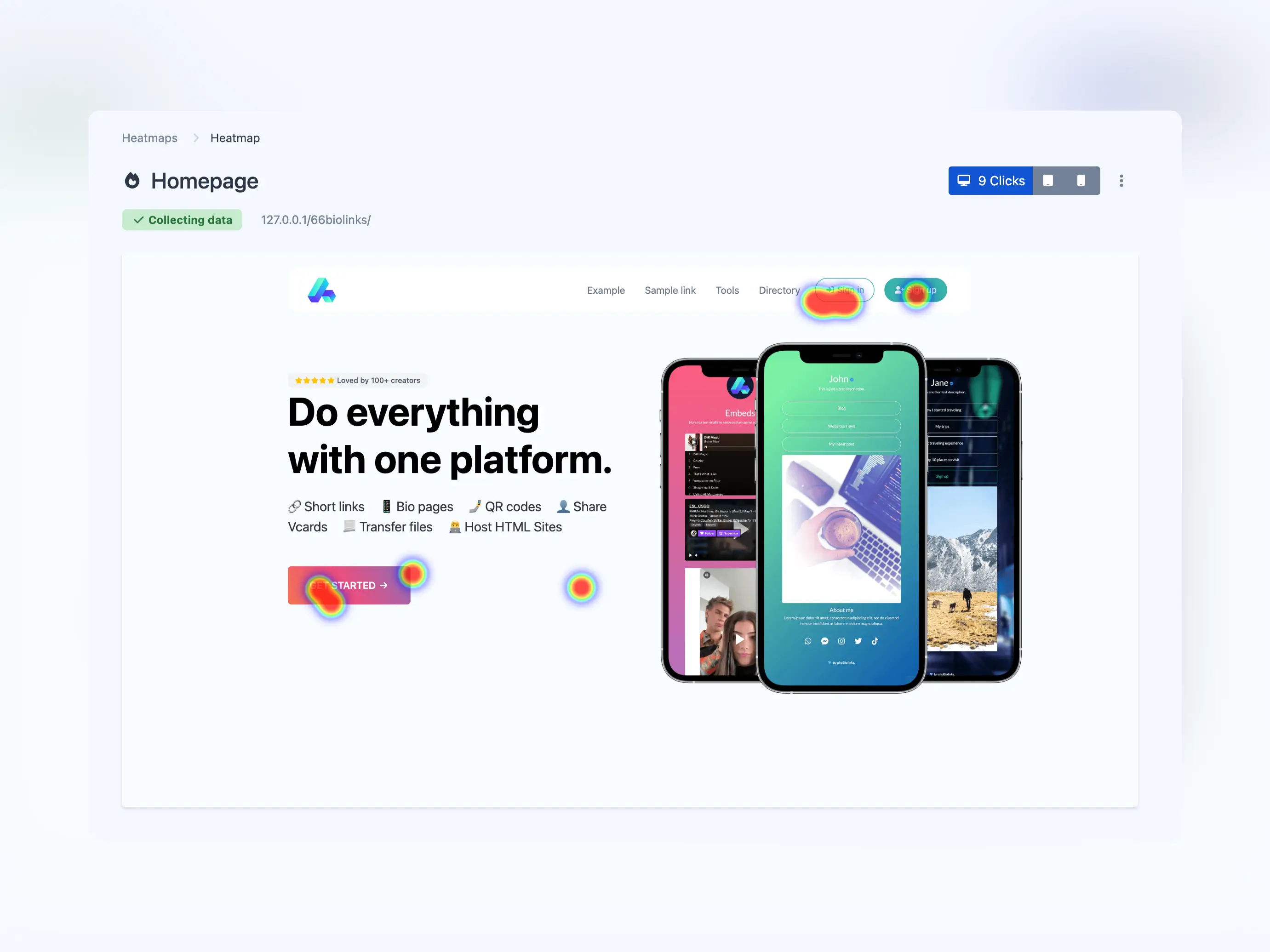 Captura de pantalla de la página de mapas de calor de la aplicación