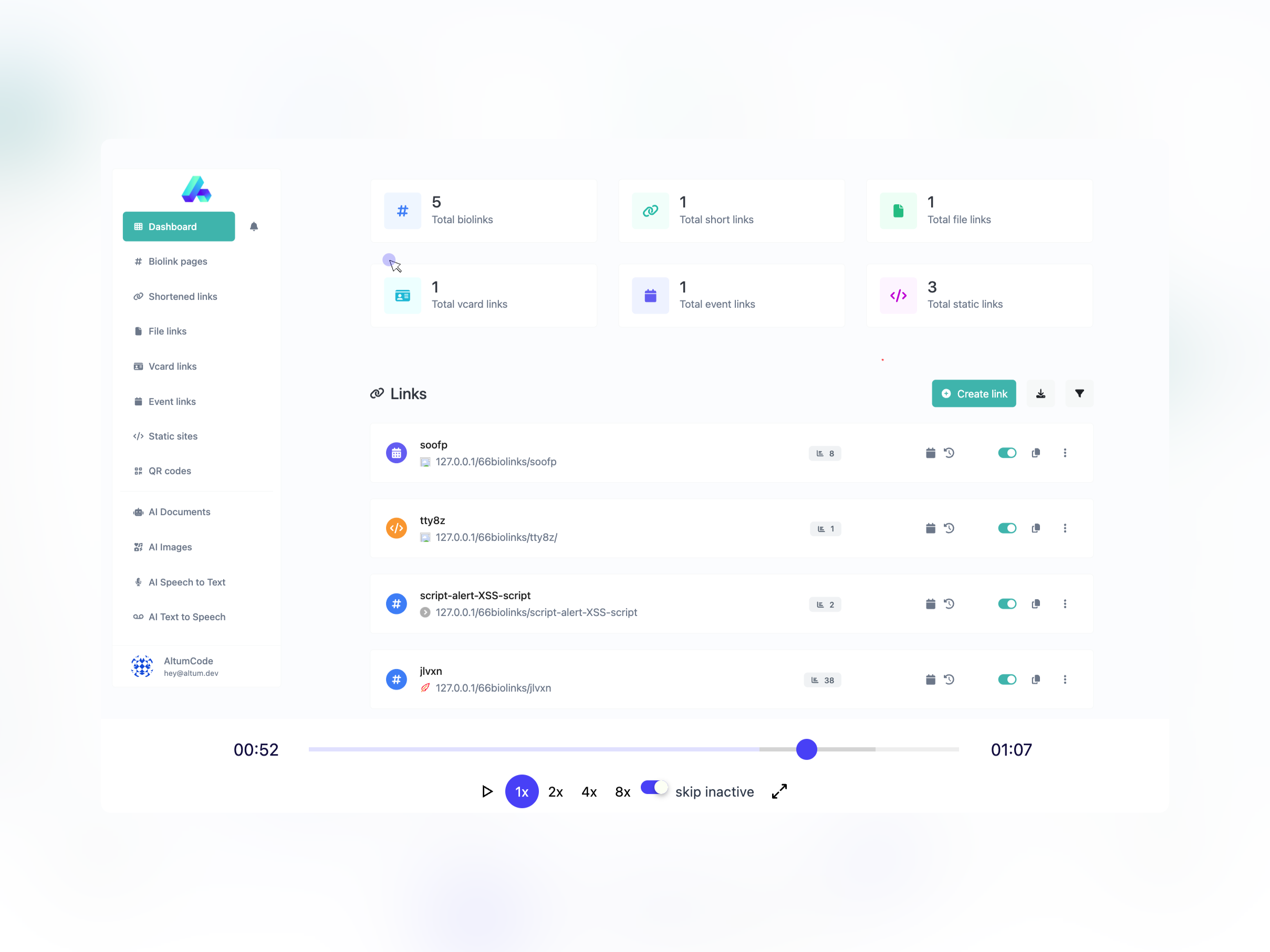 Captura de pantalla de la página de reproducción de sesión de la aplicación