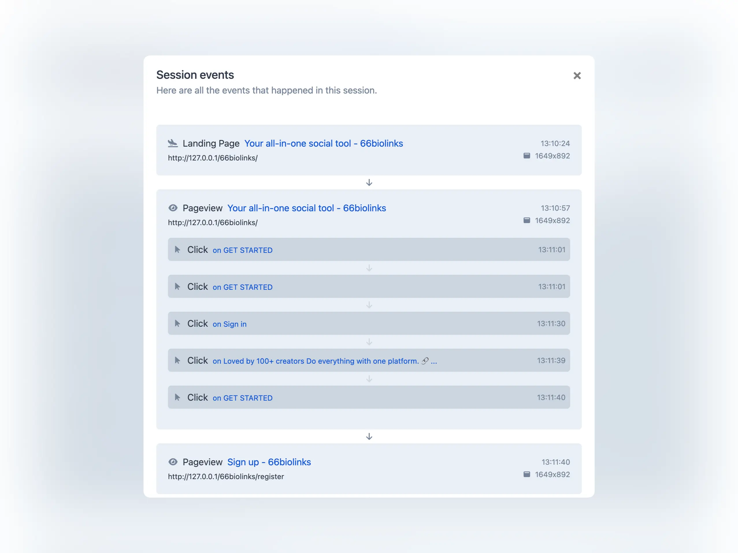 Captura de pantalla de la página de lista de eventos de visitantes de la aplicación