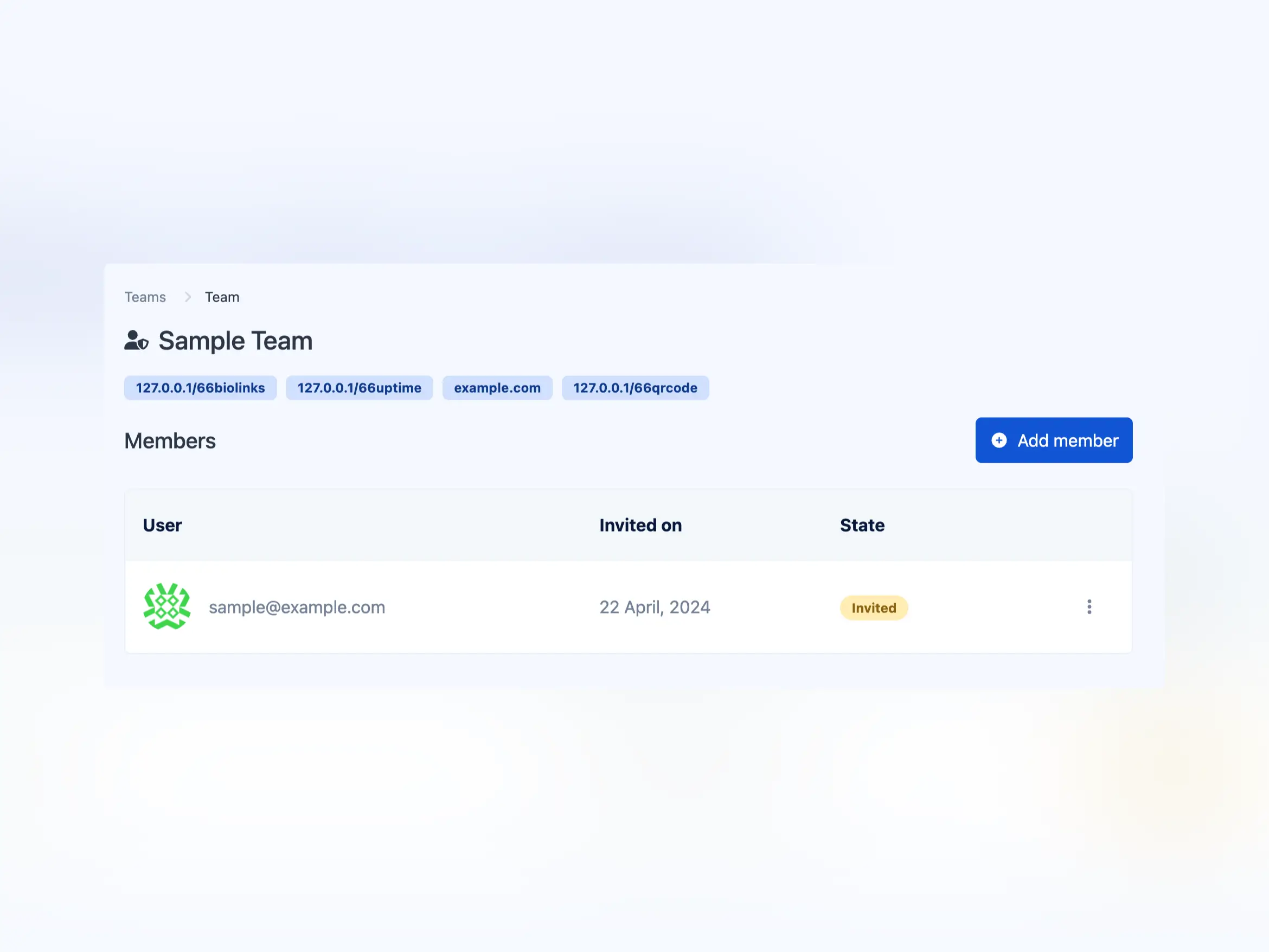 Captura de pantalla de la página de equipos de la aplicación
